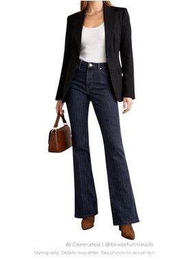Dark Wash Pinstripe Bootcut Jeans Stretch Mid Rise Trouser Flare L XL